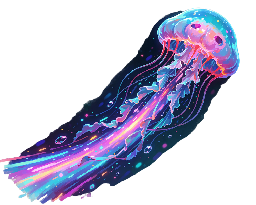 Świecąca meduza pędząca w g&oacute;rę po neonowej smudze światła - ilustracja gier crash w Fugu Casino