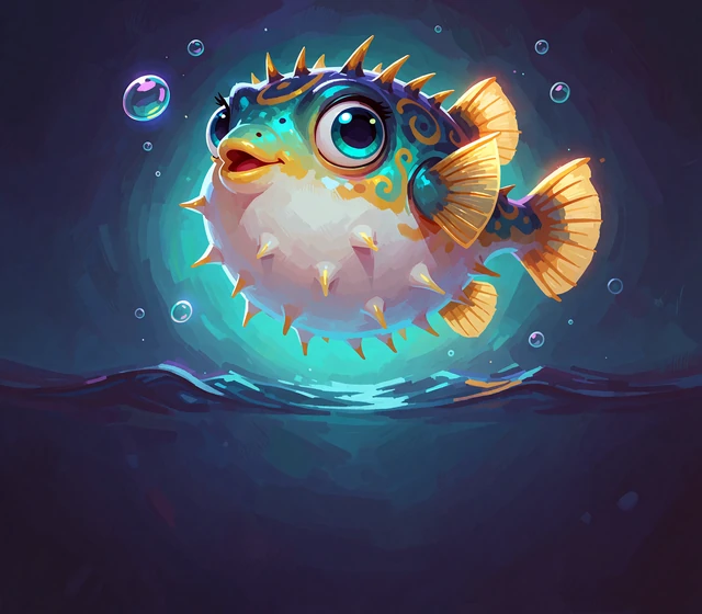 Mała rybka fugu w granatowej wodzie - ilustracja sekcji gier Only at FUGU dostępnych pod marką kasyna