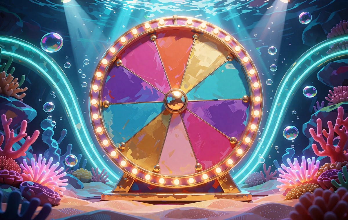 Podświetlone koło fortuny na podwodnej scenie - ilustracja game shows w kasynie live Fugu Casino