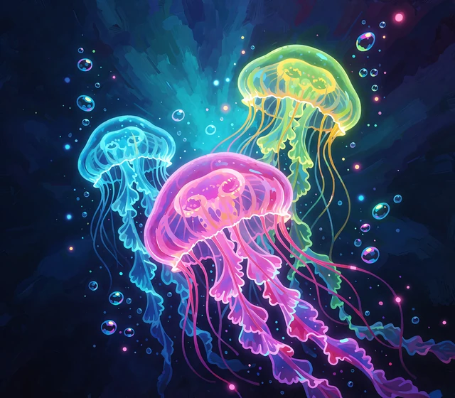 Trzy świecące meduzy w kolorach magenty, błękitu i limonki - ilustracja sekcji nowych slot&oacute;w w Fugu Casino