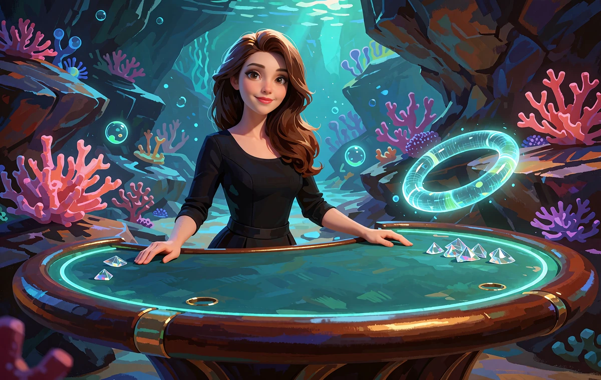 Krupierka przy podświetlonym stole w podwodnej grocie - ilustracja kasyna live w Fugu Casino