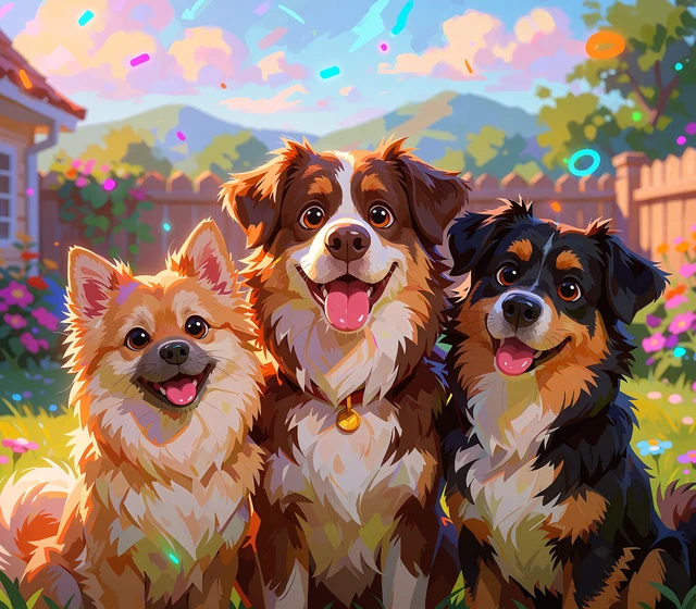 Trzy wesołe psy w słonecznym ogrodzie - ilustracja poglądowa slotu The Dog House w kasynie online