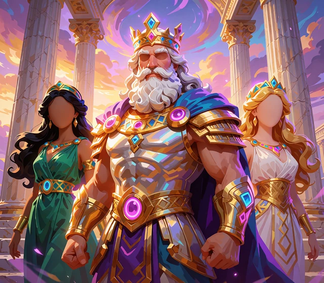 Brodaty kr&oacute;l bog&oacute;w w złotej koronie wśr&oacute;d kolumn - ilustracja poglądowa slotu Gates of Olympus