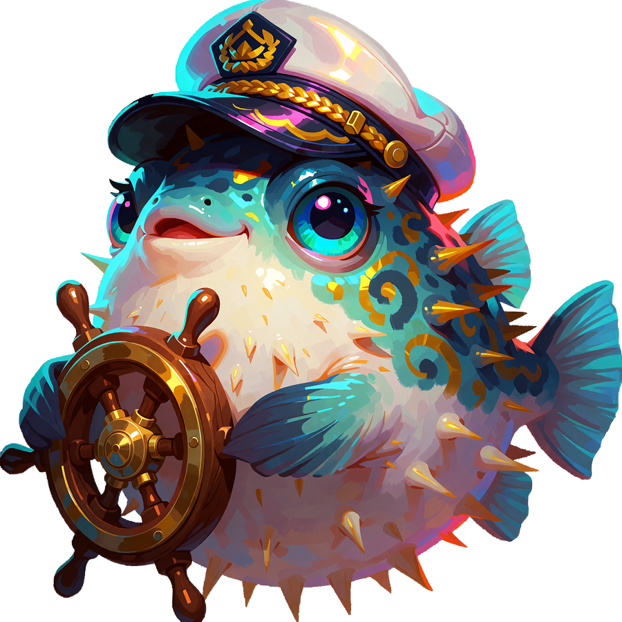 Rybka fugu w granatowej czapce kapitana z drewnianym sterem - maskotka poziomu Captain w Klubie VIP Fugu Casino